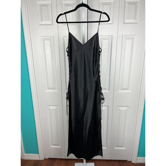 Y2K Victorias Secret Black Satin Slip Dress M 90s Lingerie Dress Side Lace-Up - Picture 5 of 7
